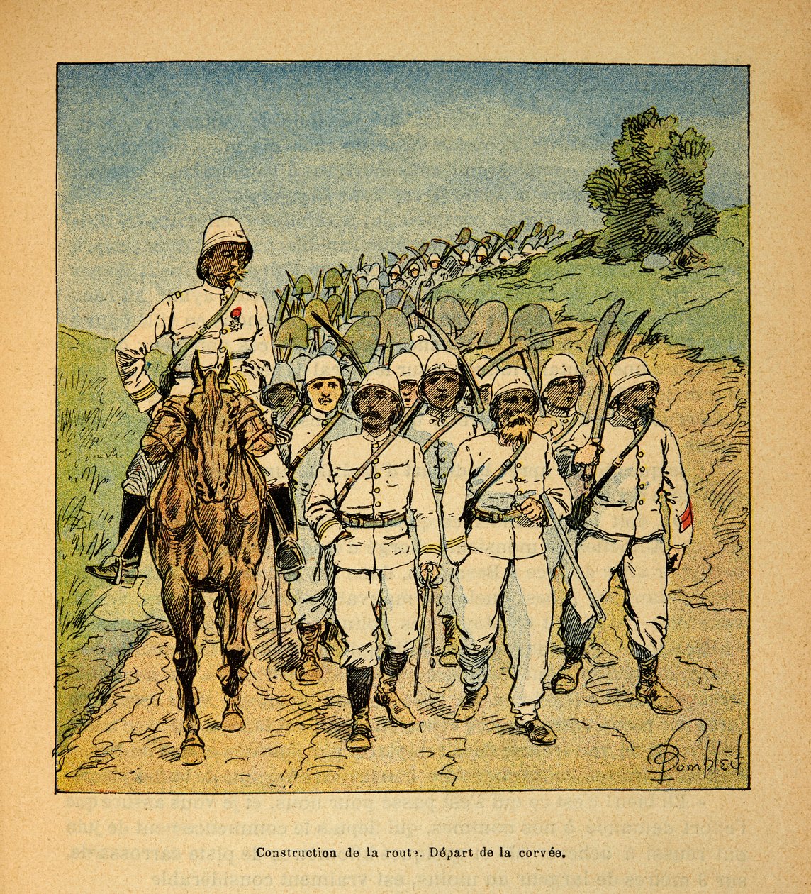 Madagaskarin sota - Henri Galli dit Galllichetin (1854-1922) ranskalaisten tutkimusmatkojen anekdoottinen historia, kuvittanut Louis Bombled (1862-1927): Tien rakentaminen Madagaskarilla, Corveen alku, Yksityinen kokoelma tekijältä Louis Charles Bombled