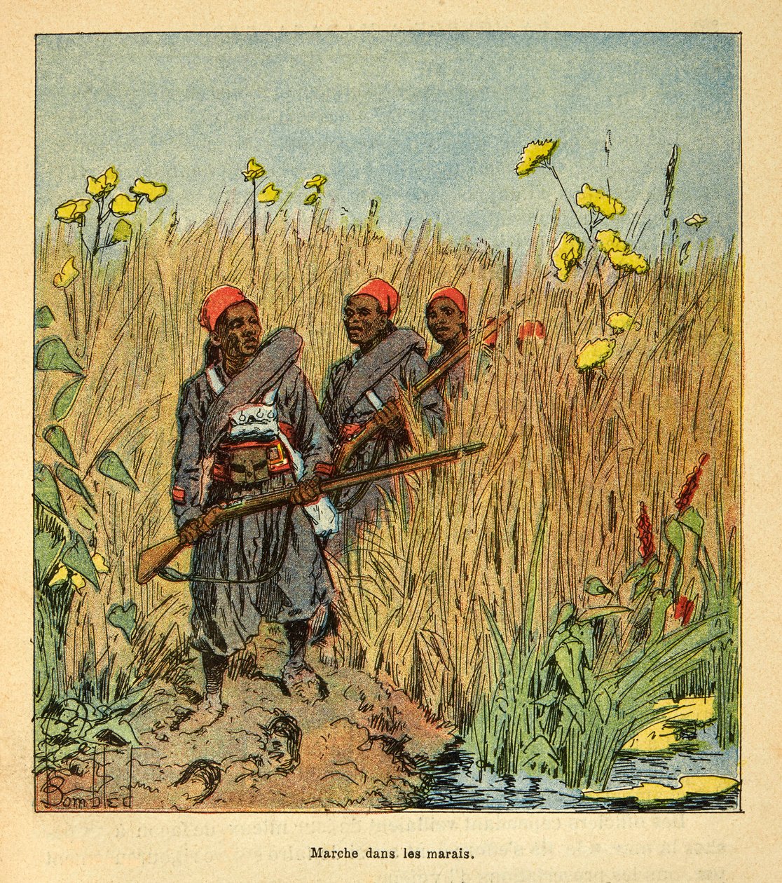 Madagaskarin sota - Henri Galli dit Galllichet (1854-1922) ranskalaisten retkien 1885-1895 anekdoottinen historia, kuvittanut Louis Bombled (1862-1927): Ranskan joukot retkillä Madagaskarin suoilla vuonna 1895, yksityinen kokoelma tekijältä Louis Charles Bombled