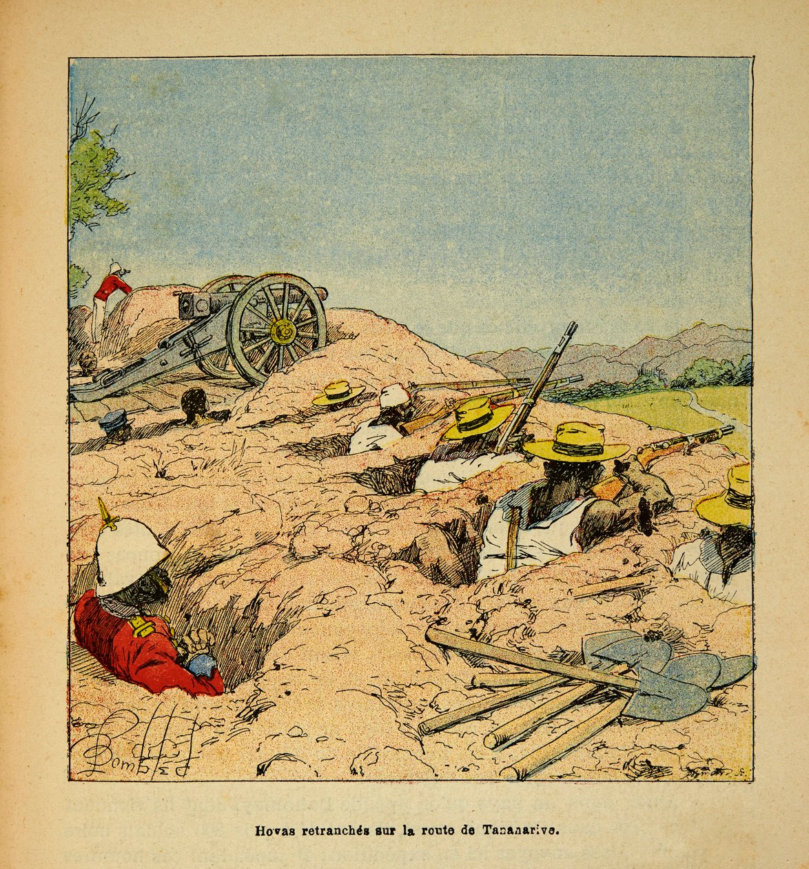 Madagaskarin sota - Henri Galli dit Galllichetin (1854-1922) ranskalaisten retkikuntien vuosien 1885-1895 anekdoottinen historia, kuvittaja Louis Bombled (1862-1927): Hovas-ryhmän juoksuhautoja matkalla Tannariveen vuonna 1895, yksityinen kokoelma tekijältä Louis Charles Bombled