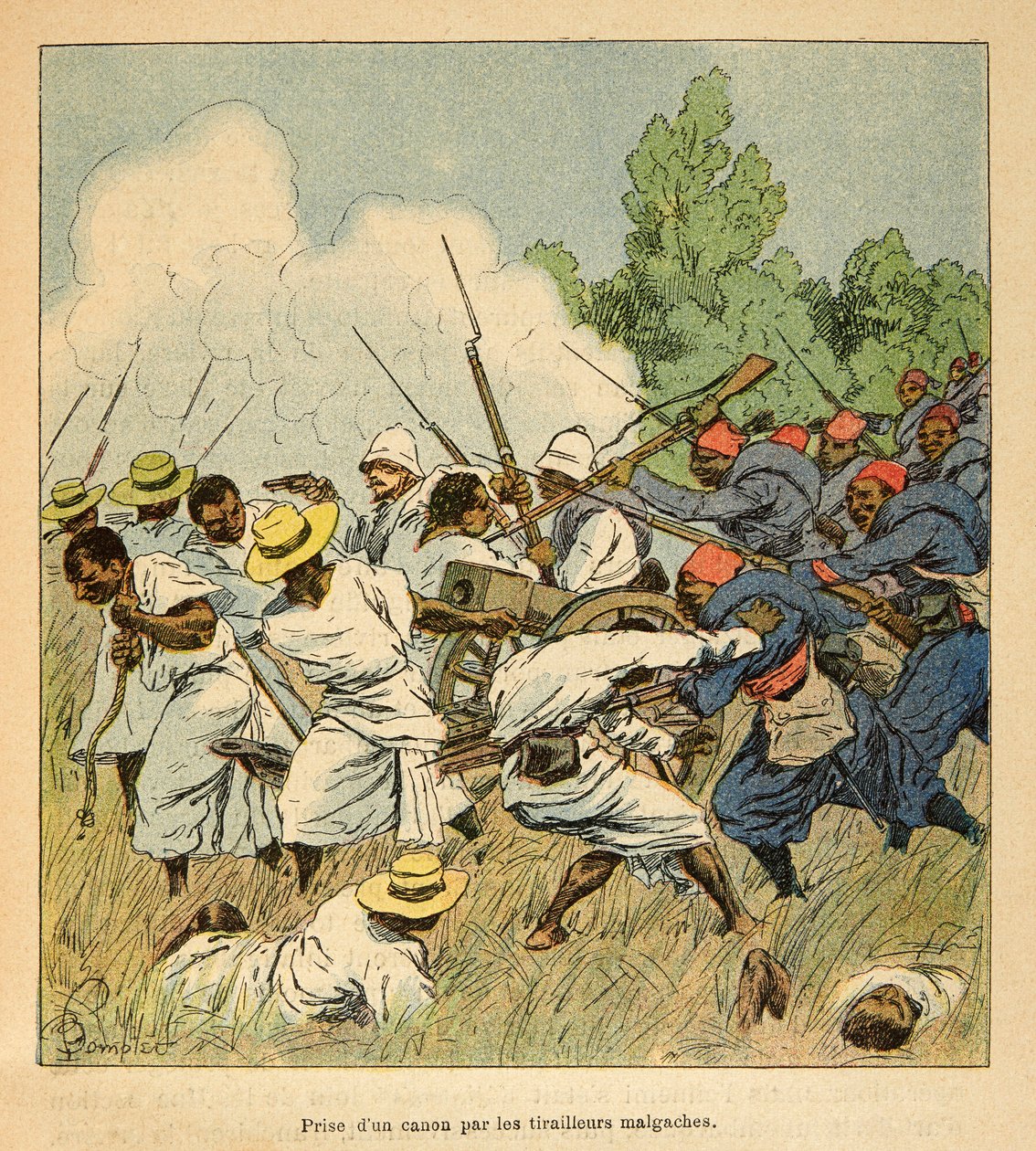 Madagaskarin sota - Henri Galli dit Galllichetin (1854-1922) ranskalaisten tutkimusmatkojen vuosien 1885-1895 anekdoottinen historia, kuvannut Louis Bombled (1862-1927): Madagaskari tarttui tykkiin Ambolomontyn taistelujen aikana vuonna 1895, Private Colle tekijältä Louis Charles Bombled
