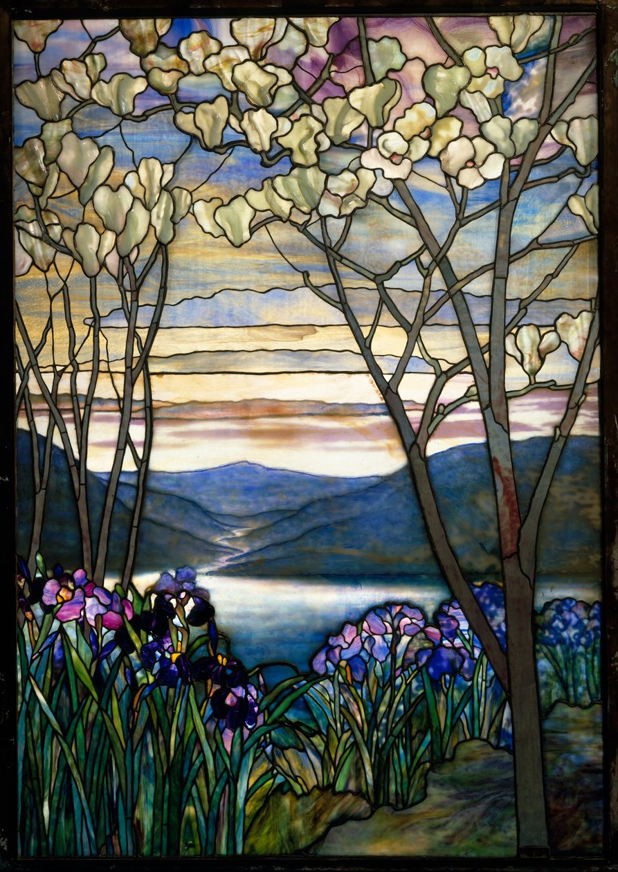 Magnolioita ja iiriksiä, n.1908 (lyijylasia). tekijältä Louis Comfort Tiffany