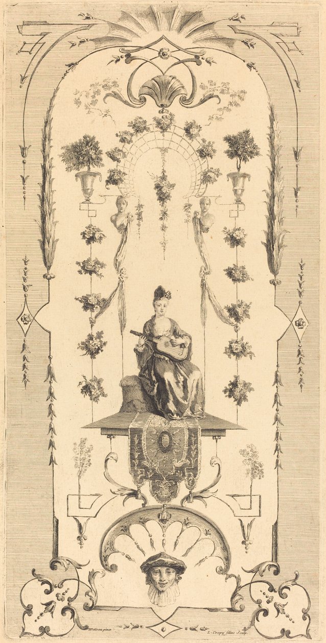 Istuva nainen soittaa kitaraa tekijältä Louis Crépy after Antoine Watteau