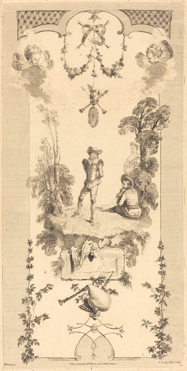 Paimen tanssii huilun äänen tahtiin tekijältä Louis Crépy after Antoine Watteau