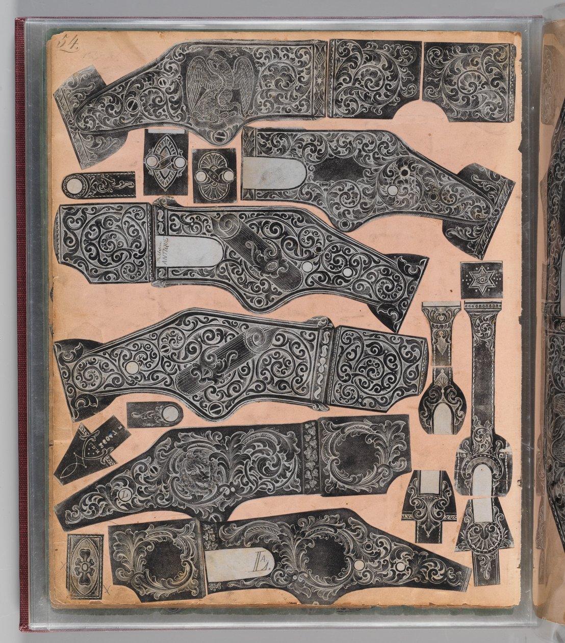 Työkirja Louis D. Nimschken kaiverretun tuliaseornamentin tallennus, amerikkalainen, c1850-1900. tekijältä Louis D. Nimschke