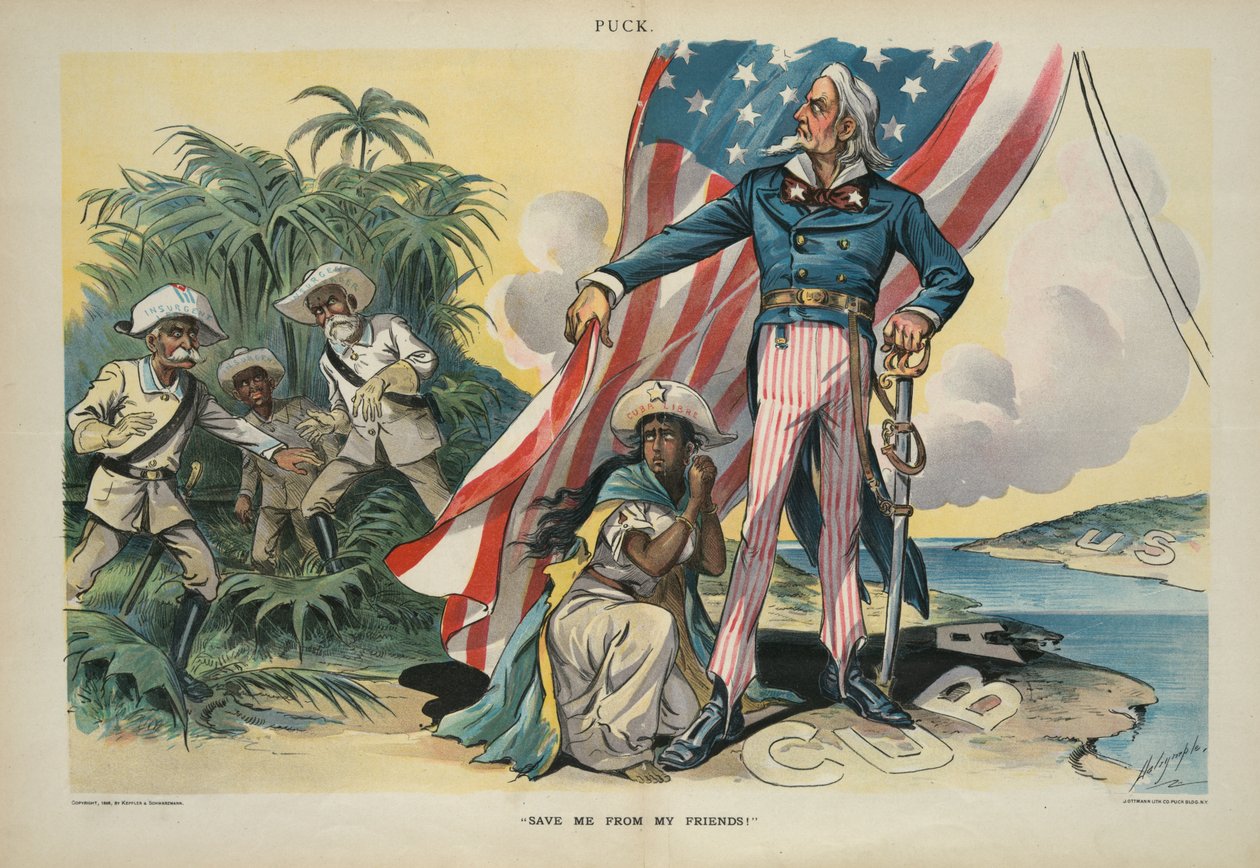 Pelastakaa minut ystäviltäni!, 1898 (kromolitografia) tekijältä Louis Dalrymple