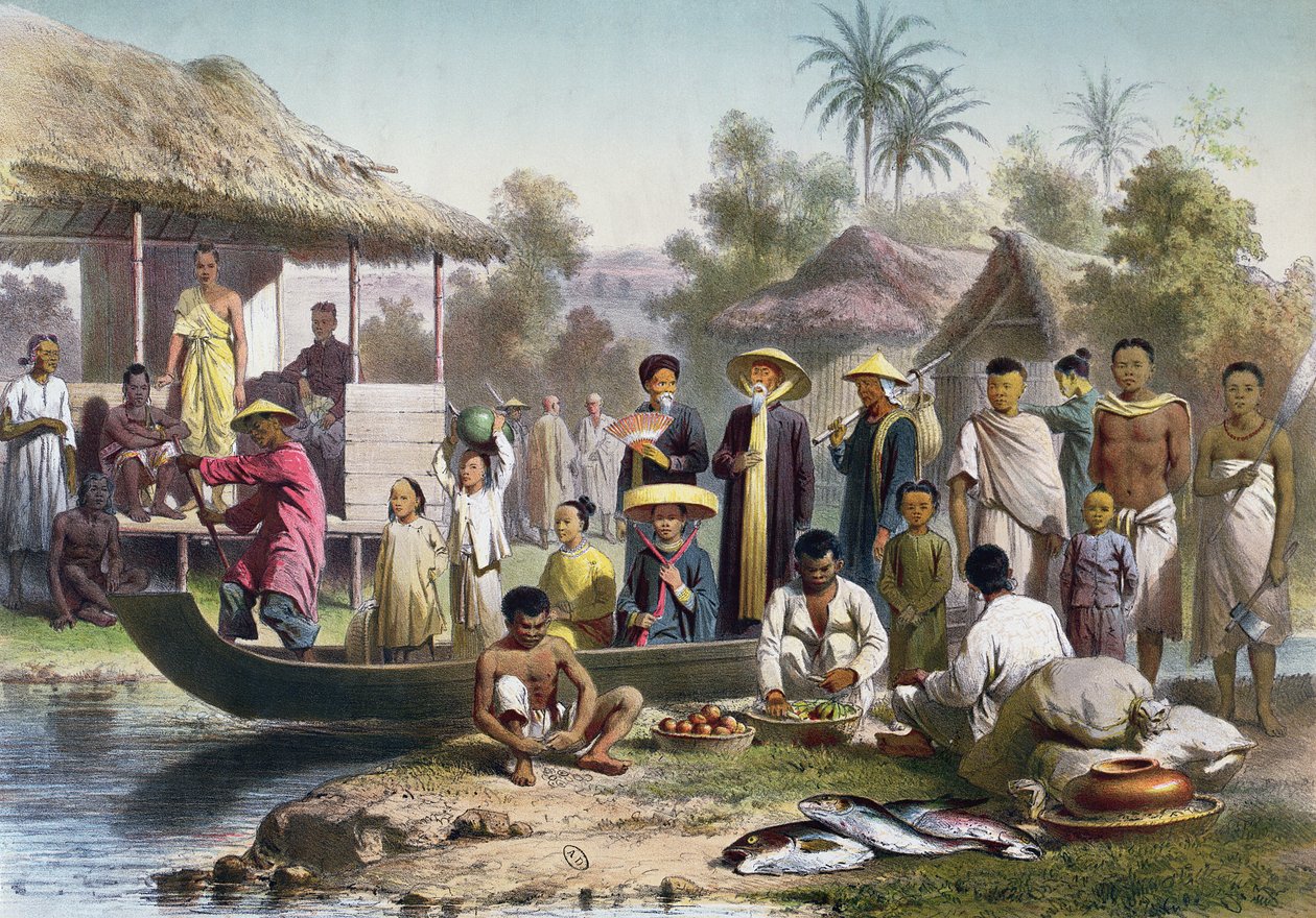 Annamilainen, kambodžalainen ja siamilainen puku, Janet Langen uudelleen piirtämä ja Eugene Cicerin kaiverrus, n. 1870 tekijältä Louis Delaporte