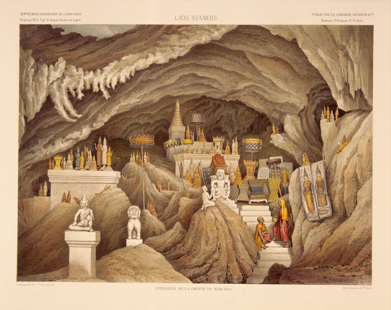 Laosin luolatemppelin sisustus, F. Sorrieun painatus, kuvitus Francis Garnierin ja Ernest Doudart de Lagreen teoksesta "An Exploration Voyage in Indo-China vuosina 1866, 1867 ja 1868", s. tekijältä Louis Delaporte