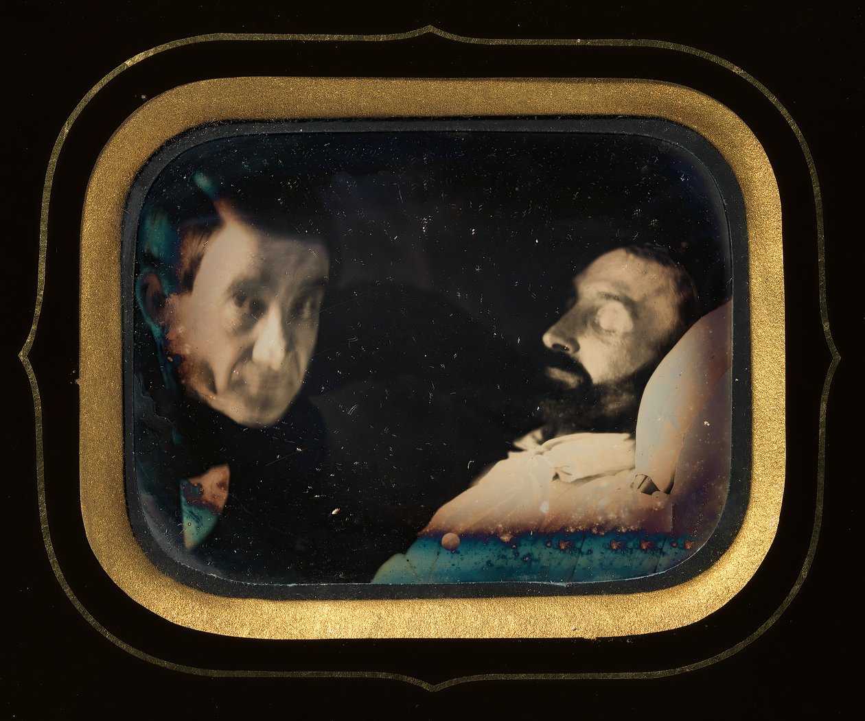 [Muotokuva elävästä miehestä kuolleen miehen vieressä], n. 1850. tekijältä Louis Dodero