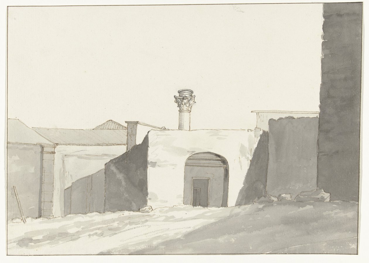 Antieke zuil en gebouwen in haven van Brindisi Kaukainen näkymä antiikkipylvään [Brindisin satamassa] Matkat Italiassa, Sisiliassa ja Maltassa - 1778 (sarjan nimi) tekijältä Louis Ducros