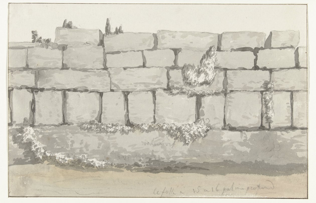 Muinaisen Mandurian kaupungin muinaisen temppelin ulkoseinän ulkopuoli Rakenne ulkopuolen mur exterior láncienne Mandurie Voyage en Italy ja Sicile et à Malte - 1778 (sarjan nimi) tekijältä Louis Ducros