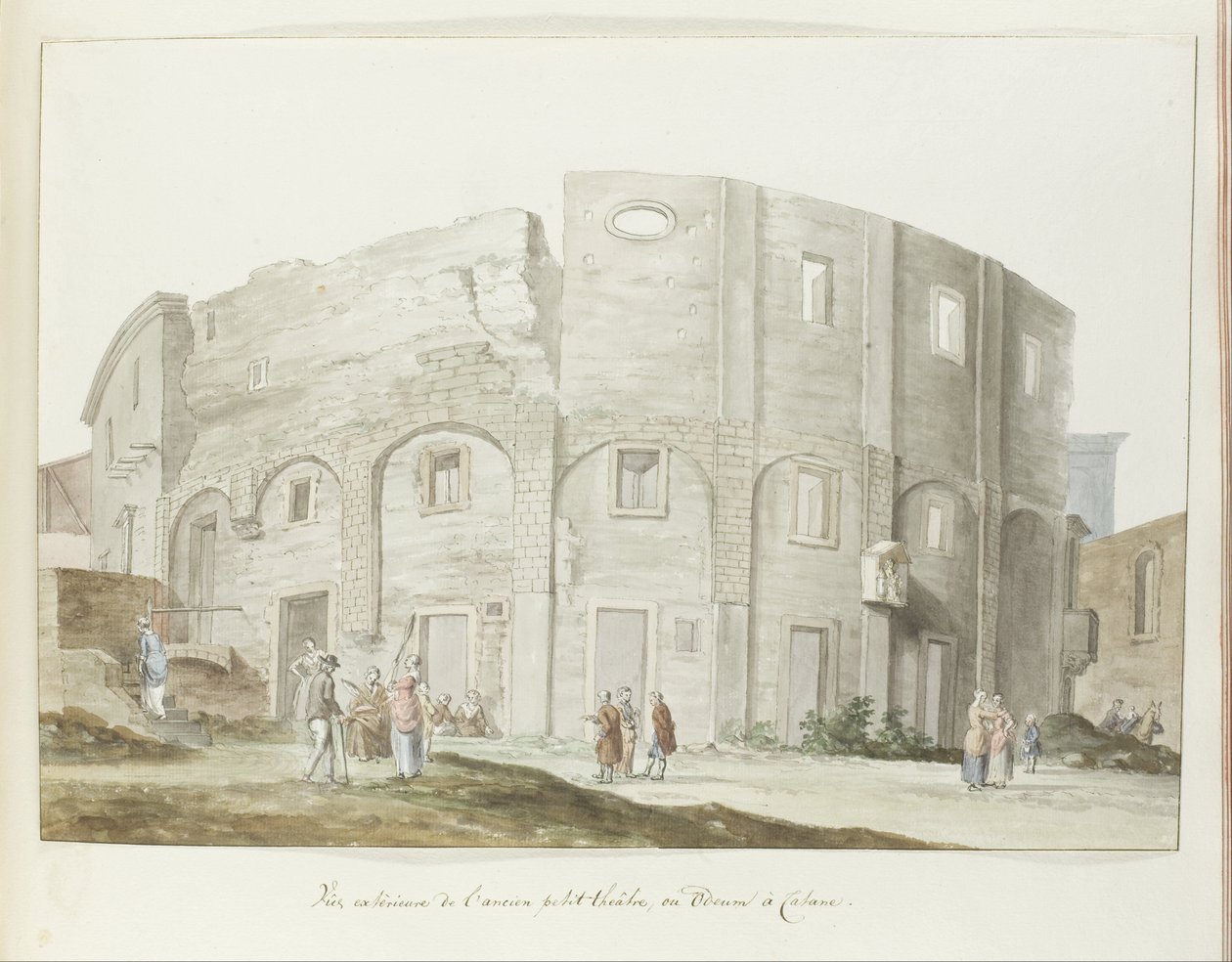 Buitenmuur van oude teatteri Cataniëssa Ulkonäkymä vanhasta pienestä teatterista tai Odeumista Cataniassa (otsikko esineessä) Matkat Italiassa, Sisiliassa ja Maltassa - 1778 (sarjan nimi) tekijältä Louis Ducros