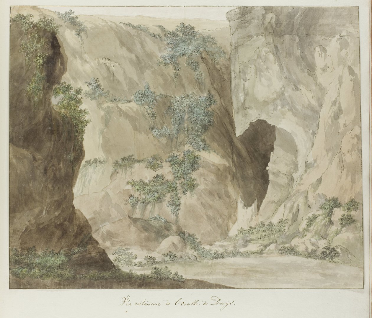 Buitenwand van de grot Ear of Dionysios Ulkokuva Dionysioksen korvasta (otsikko esineessä) Matkat Italiassa, Sisiliassa ja Maltassa - 1778 (sarjan nimi) tekijältä Louis Ducros