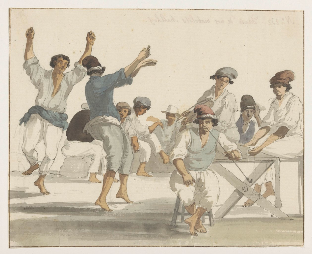 Dansende maltezer matrozen Maltan merimiestemme tanssi (otsikko esineessä) Matkat Italiassa, Sisiliassa ja Maltassa - 1778 (sarjan nimi) tekijältä Louis Ducros