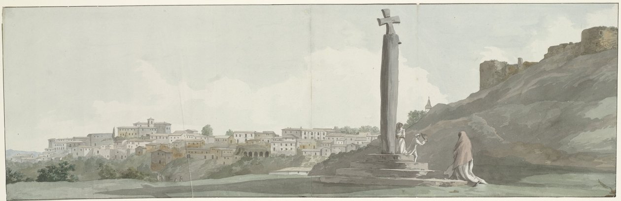 Gezicht op Arriano en monument, zogenaamde altaar van Janus Näkymä Arrianon kaupunkiin (Equuotuticum), muinaiselle muistomerkille nimeltä Ianuksen alttari, ja tuhoutuneelle linnoitukselle (nimi esineessä) Matkat Italiassa, Sisiliassa ja Maltassa - 1778 (sa tekijältä Louis Ducros