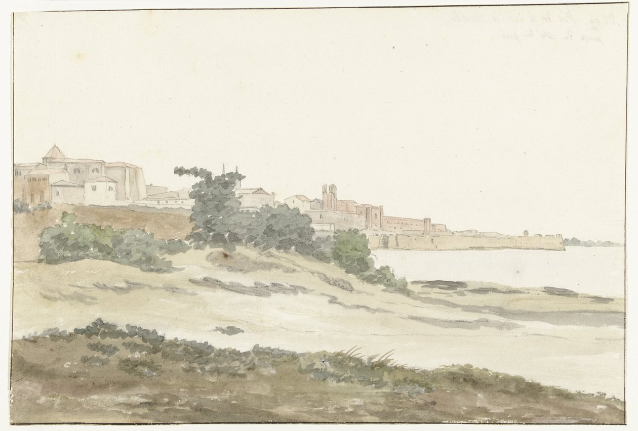 Gezicht op Barletta gelegen aan de kust Näkymä Barlettan kaupunkiin otettuna meren rannikolta (otsikko esineessä) Matkat Italiassa, Sisiliassa ja Maltassa - 1778 (sarjan nimi) tekijältä Louis Ducros