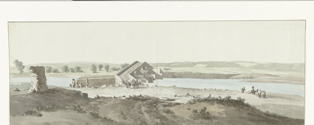Gezicht op Canosan silta Ofanto-joen yli Pugliassa Näkymä Pont de Canosan yli Ofanton (Aufidus) (otsikko esineessä) Matka Italiaan, Sisiliaan ja Maltalle - 1778 (sarjan nimi) tekijältä Louis Ducros