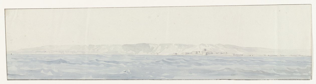 Gezicht op Crotone en de kust Näkymä Crotonelle ja rannikolle (otsikko esineessä) Matkat Italiassa, Sisiliassa ja Maltassa - 1778 (sarjan nimi) tekijältä Louis Ducros