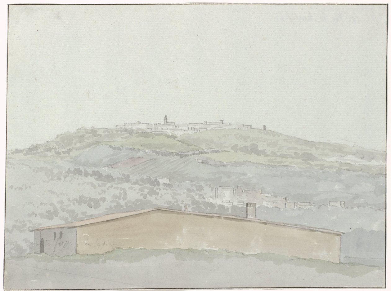 Gezicht op Montefusco Näkymä Montefuscolle (otsikko esineessä) Matkat Italiassa, Sisiliassa ja Maltassa - 1778 (sarjan nimi) tekijältä Louis Ducros