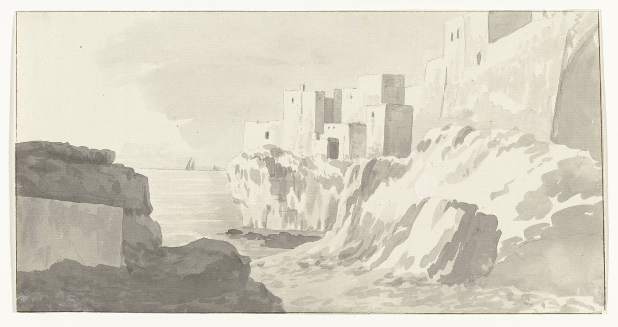 Gezicht op Polignano Näkymä Polignanon kaupunkiin (otsikko esineessä) Matkat Italiassa, Sisiliassa ja Maltassa - 1778 (sarjan nimi) tekijältä Louis Ducros