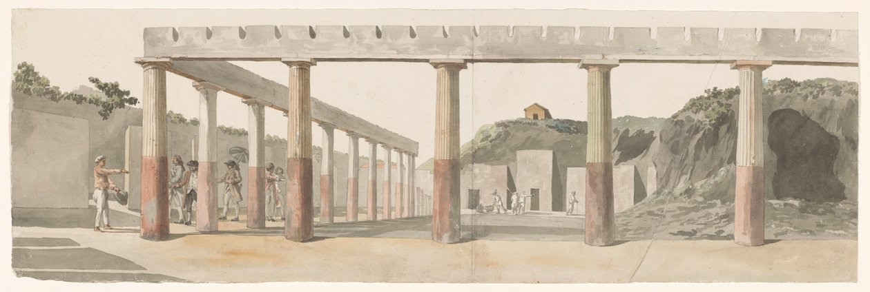 Näkymä roomalaisista kasarmeista ja pylväikköstä Pompejissa Vue des Casernes Romaines & de la Colonnade de Pompeja (otsikko esineessä) Voyage en Italy ja Sicile et à Malte - 1778 (sarjan nimi) tekijältä Louis Ducros