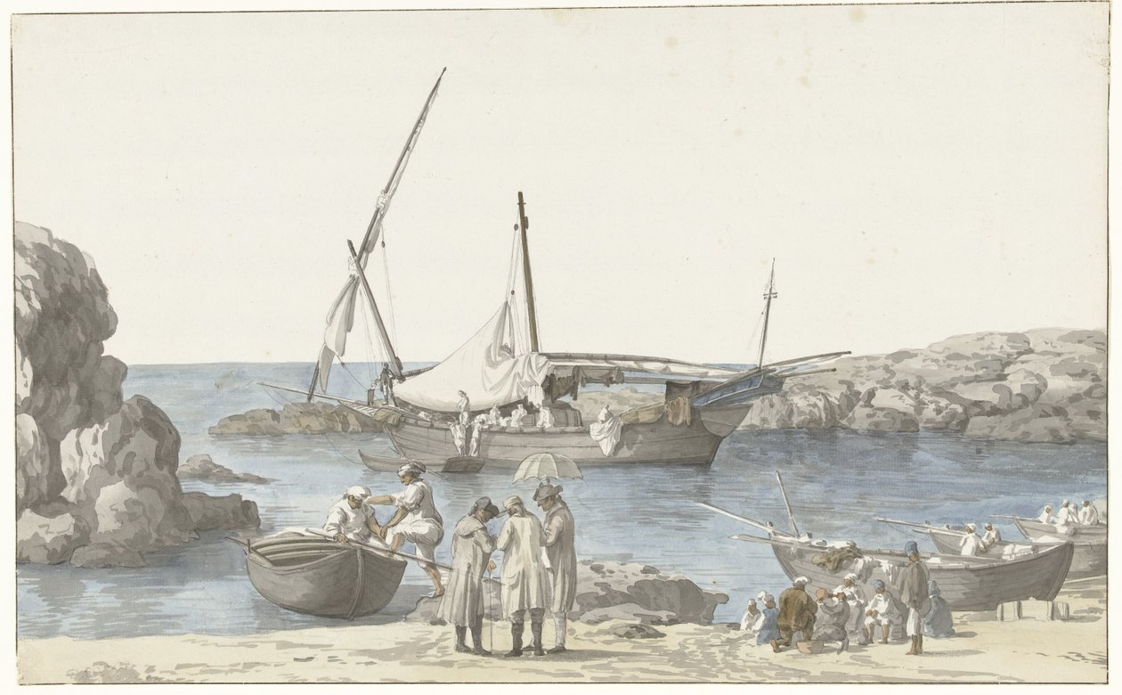 Gezicht op Taranto en haven on Luogo Vivo Näkymä Tarentin-rakennuksestamme ja edellisen maadoituksen satamasta (otsikko esineessä) Matkat Italiassa, Sisiliassa ja Maltalla - 1778 (sarjan nimi) tekijältä Louis Ducros