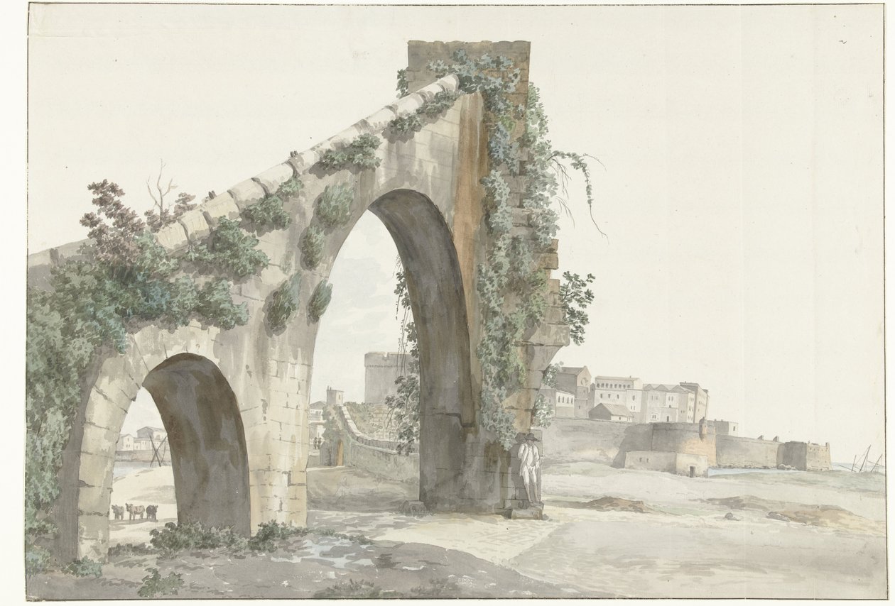 Gezicht op aquaduct en de stad Taranto Näkymä Aquaductille ja Taranton kaupunkiin (otsikko esineessä) Matkat Italiassa, Sisiliassa ja Maltassa - 1778 (sarjan nimi) tekijältä Louis Ducros