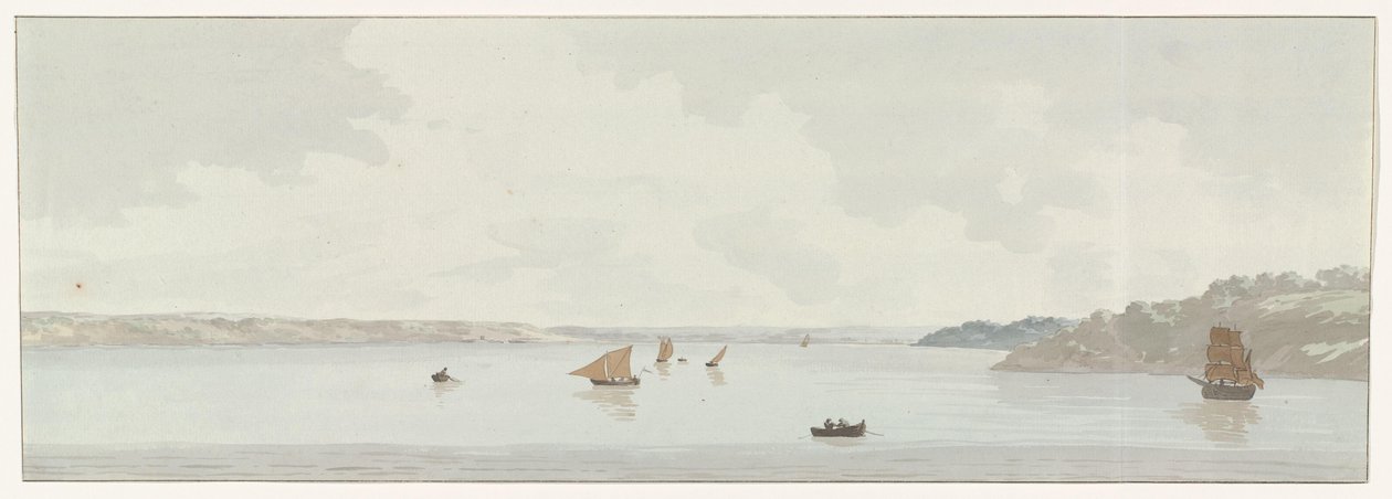 Gezicht op een deel van het Mare Piccolo Näkymä osasta Mare Piccoloa, jossa oli vanhan sillan sijainti, Galesuksen suu (otsikko esineessä) Matkat Italiassa, Sisiliassa ja Maltassa - 1778 (sarjan nimi) tekijältä Louis Ducros