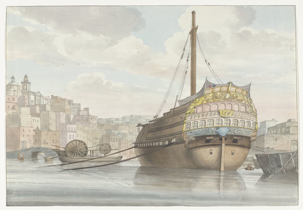 Gezicht op haven met galei schip vlakbij de werf Alhaalta näkymä Port des Galèresista Malthessa, otettu telakalta (otsikko esineessä) Matkat Italiassa, Sisiliassa ja Maltassa - 1778 (sarjan nimi) tekijältä Louis Ducros