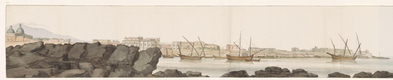 Näkymä Catanian satamasta Vue du Port de Catane (otsikko esineessä) Voyage en Italy ja Sicile et à Malte - 1778 (sarjan nimi) tekijältä Louis Ducros