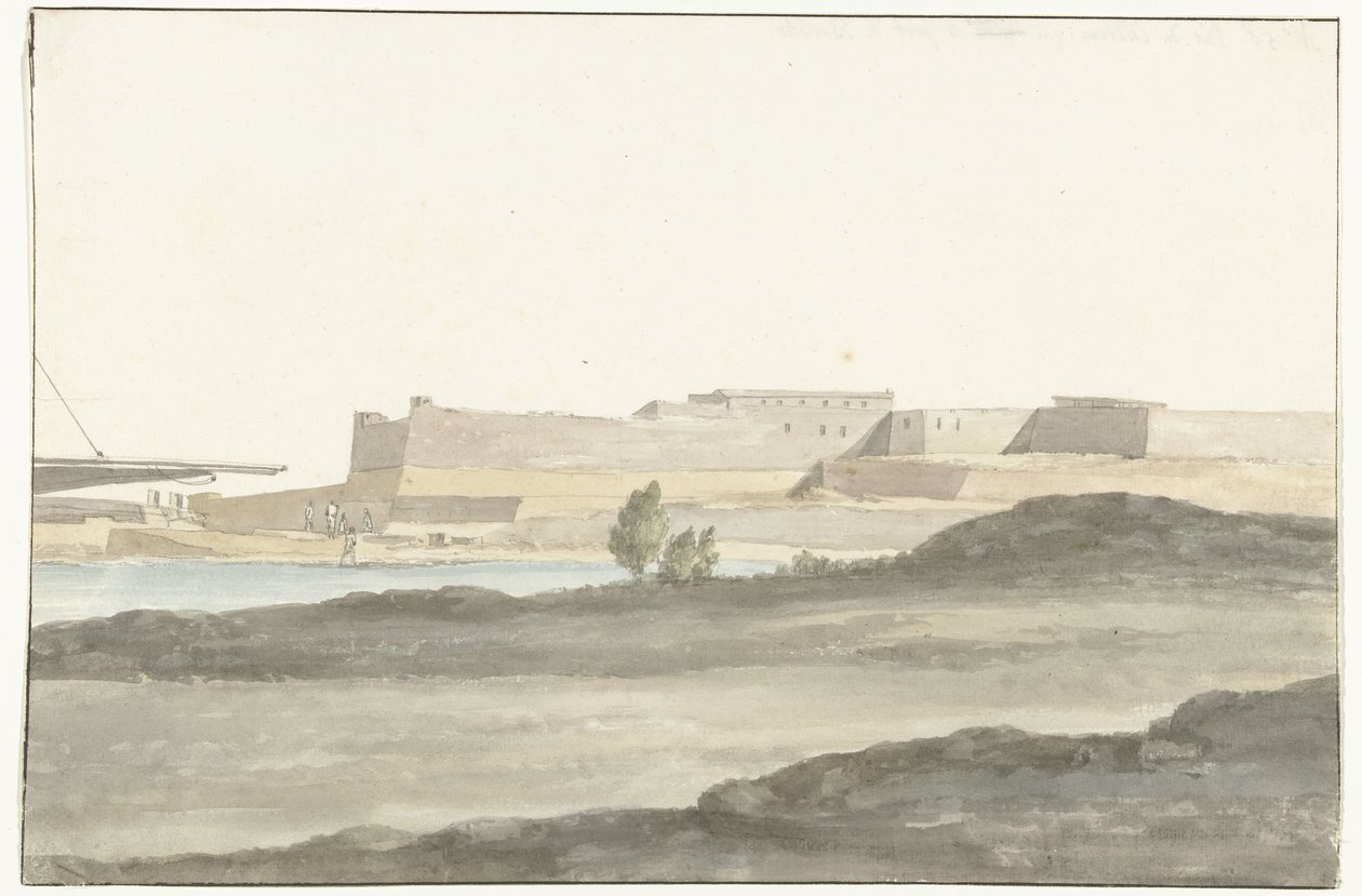 Näkymä linnalle Barlettan satamassa Vue du Château, qui domine le port de Barletta (otsikko esineessä) Voyage en Italy, en Sicile et à Malte - 1778 (sarjan nimi) tekijältä Louis Ducros
