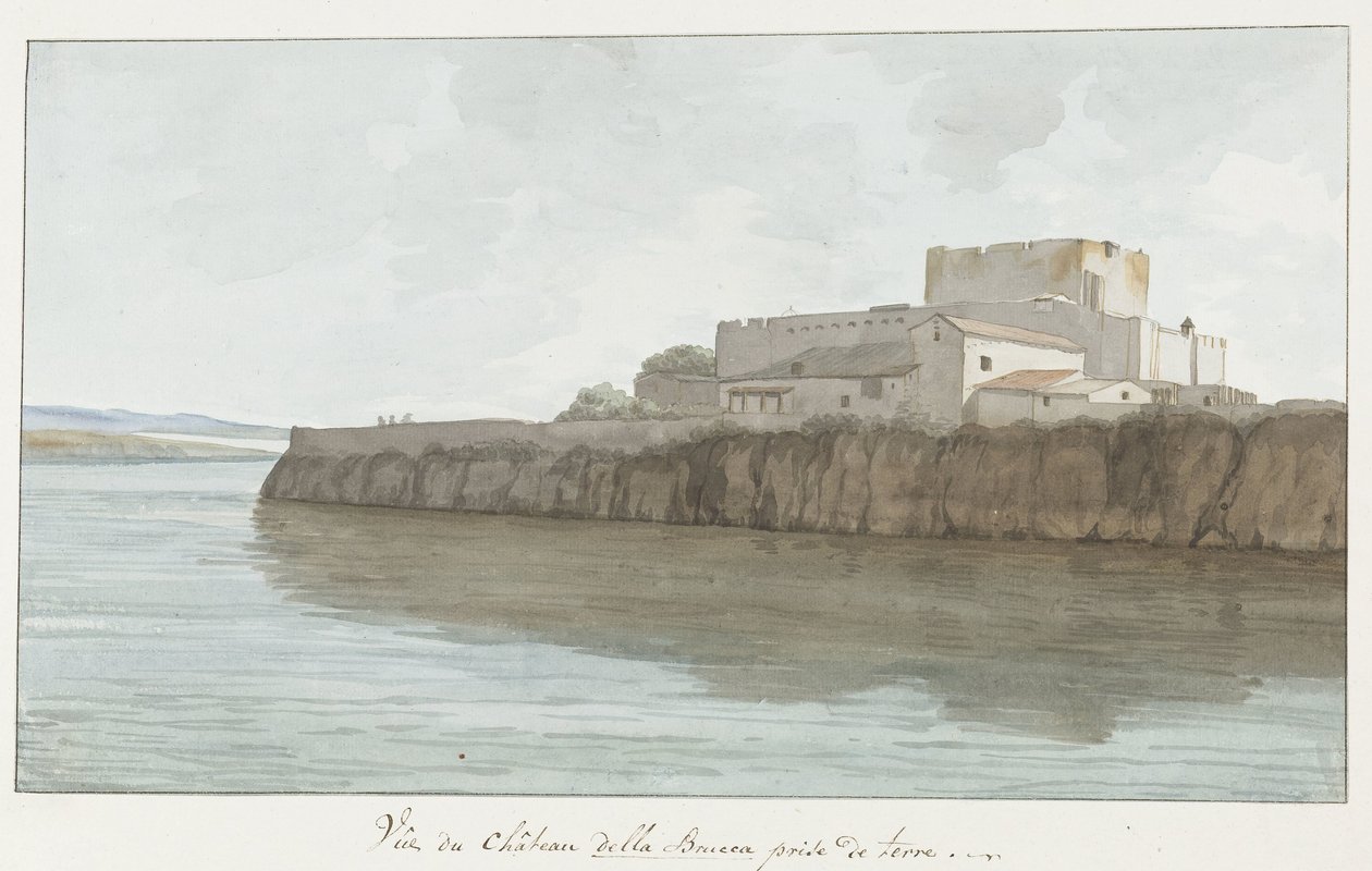 Gezicht op kasteel van Brucoli, "La Bruca" Näkymä Castle della Bruccasta otettu maasta (otsikko esineessä) Matkat Italiassa, Sisiliassa ja Maltassa - 1778 (sarjan nimi) tekijältä Louis Ducros
