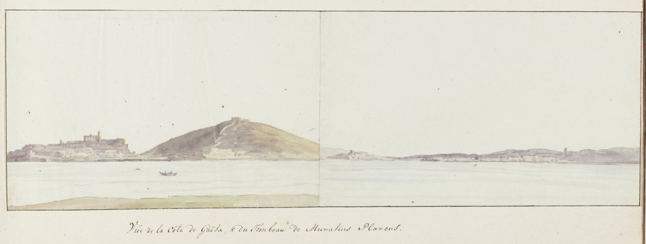 Gezicht op kust van Gaeta en mausoleum van Munatius Plancus (Lucio Munazio Planco) Vue de la côte de Gaëta ja du Tombeau de Munatius Plancus (otsikko esineessä) Voyage en Italie, en Sicile et à Malte - 1778 (sarjan nimi) tekijältä Louis Ducros