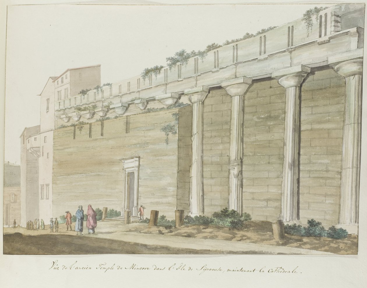 Gezicht op oude Minerva-temppeli eilandissa Syrakusassa Näkymä muinaisesta Minervan temppelistä Syrakusan saarella (otsikko esineessä) Matkat Italiassa, Sisiliassa ja Maltassa - 1778 (sarjan nimi) tekijältä Louis Ducros