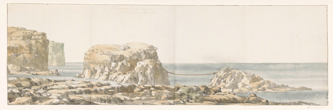 Gezicht op rots losgeraakt van kust inham van Gozo Näkymä kalliolle, joka on irrotettu Ghozon rannasta Ansessa nimeltä Calata Dulyra (otsikko esineessä) Matkat Italiassa, Sisiliassa ja Maltassa - 1778 (sarjan nimi) tekijältä Louis Ducros