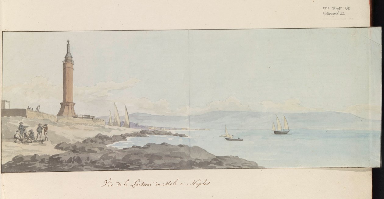 Näkymä majakasta Napolin satamapäässä Vue de la Lanterne du Mole à Naples (otsikko esineessä) Voyage en Italy ja Sicile et à Malte - 1778 (sarjan nimi) tekijältä Louis Ducros