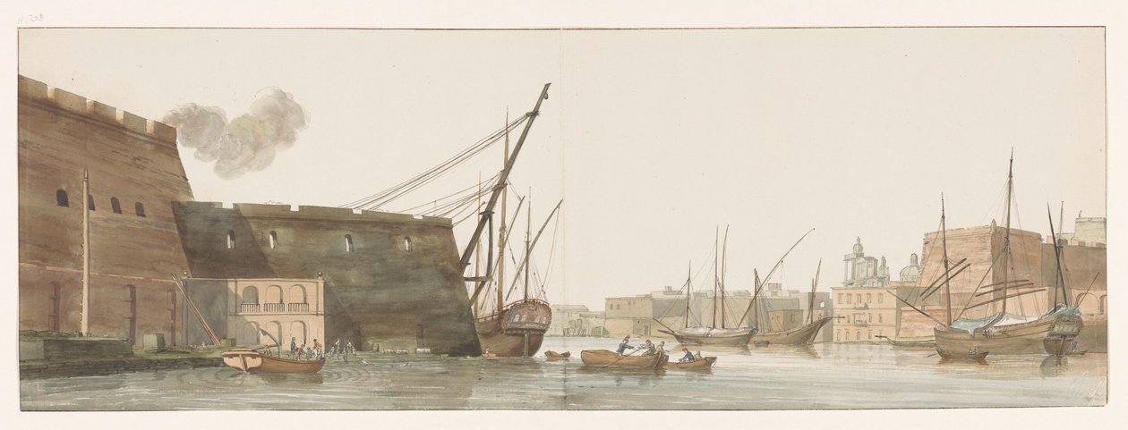Gezicht op werf in haven van galei schepen te Malta Näkymä telakalle Galleysin satamassa Maltalla (otsikko esineessä) Matkat Italiassa, Sisiliassa ja Maltassa - 1778 (sarjan nimi) tekijältä Louis Ducros
