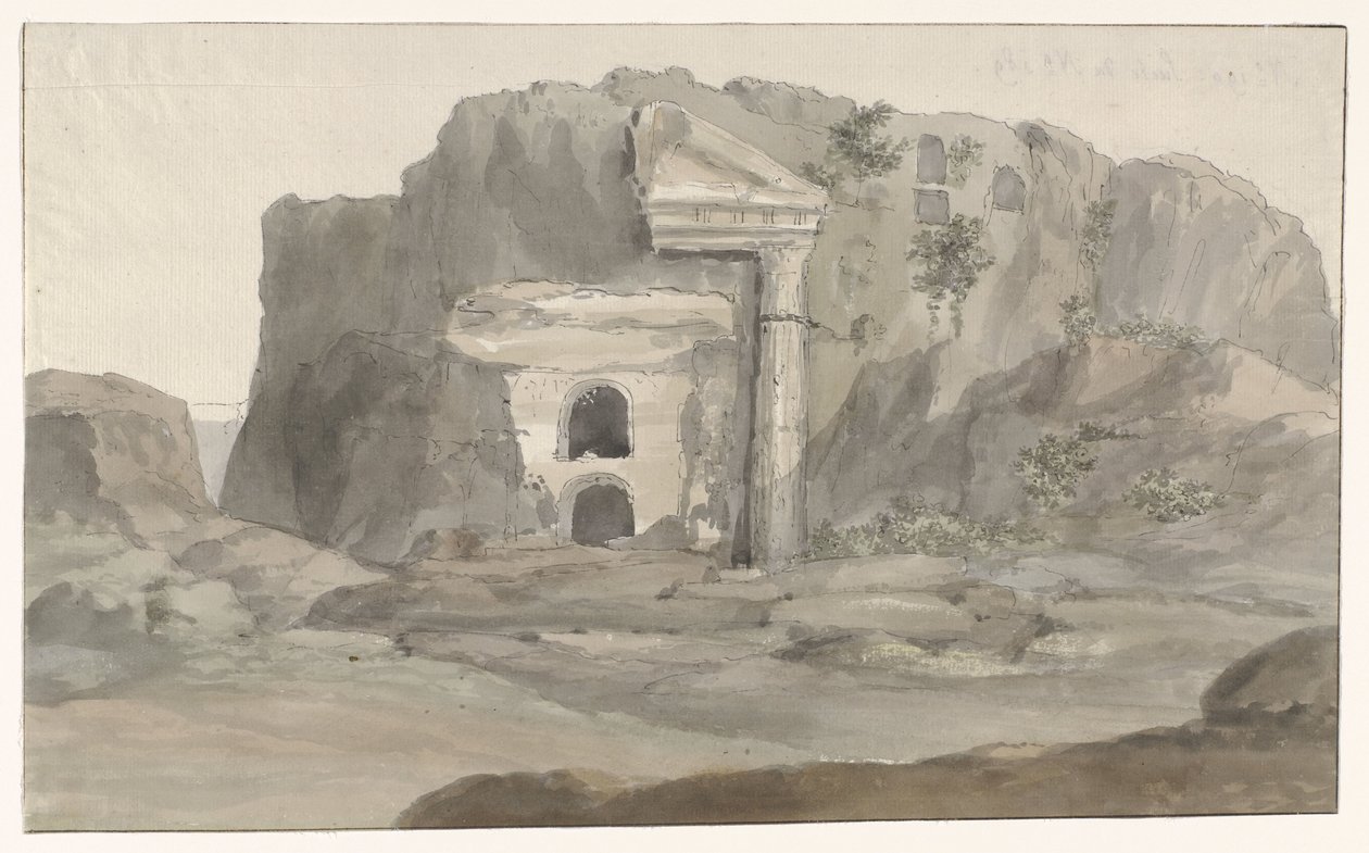Haudat, joissa on doric-tyylinen julkisivu, kaiverrettu kallioon lähellä Syracusea Voyage en Italy ja Sicile et à Malte - 1778 (sarjan nimi) tekijältä Louis Ducros
