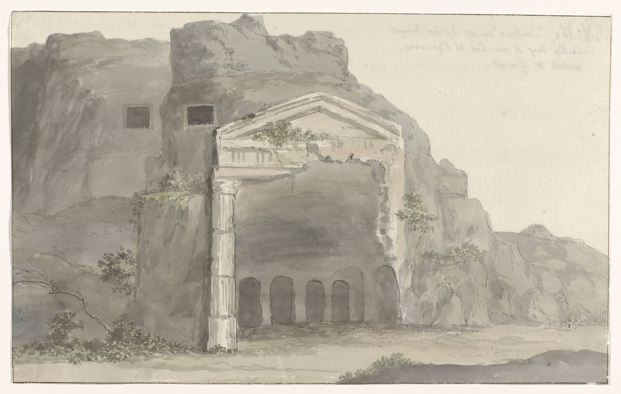 Haudat, joissa on doric-tyylinen julkisivu kaiverrettu kallioon lähellä Syracusea Voyage en Italy ja Sicile et à Malte - 1778 (sarjan nimi) tekijältä Louis Ducros