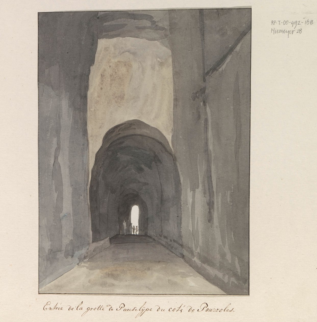 Ingang van grot Crypta Neapolitana (Grotta di Posillipon) aan de kust van Pozzuoli Sisäänkäynti Pausilypeen luolaan lähellä Pozzuolia (otsikko esineessä) Matkat Italiassa, Sisiliassa ja Maltassa - 1778 (sarjan nimi) tekijältä Louis Ducros