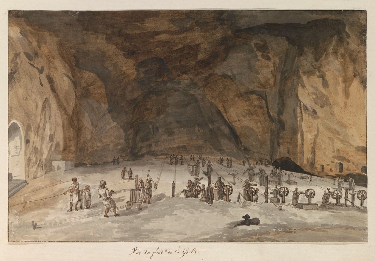 Sisustus van grot Santa Maria Capella Näkymä luolan pohjalta (otsikko esineessä) Matkat Italiassa, Sisiliassa ja Maltassa - 1778 (sarjan nimi) tekijältä Louis Ducros