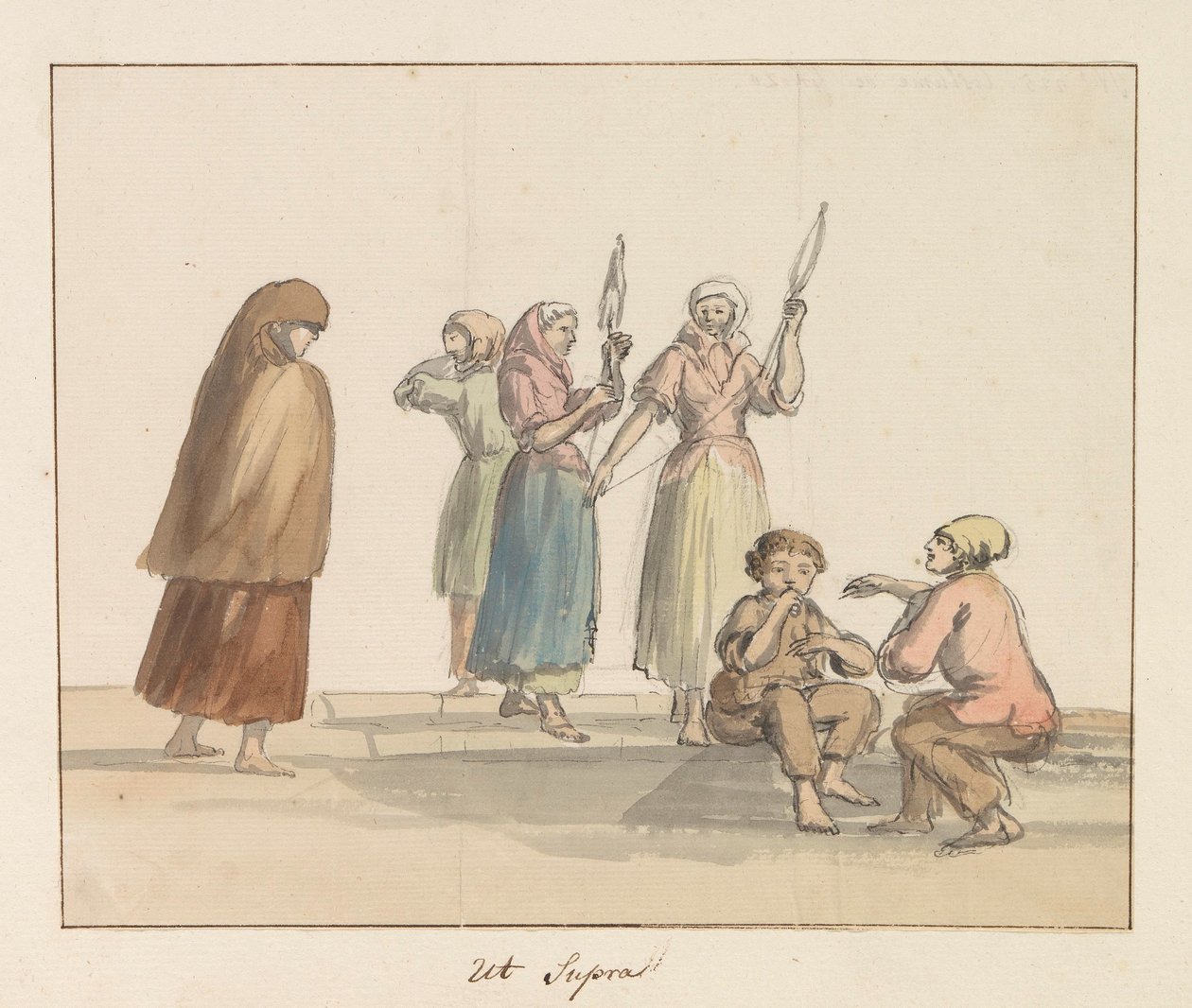 Gozon saaren perinteiset puvut Costume de Ghozo (nimi esineessä) Voyage en Italy ja Sicile et à Malte - 1778 (sarjan nimi) tekijältä Louis Ducros