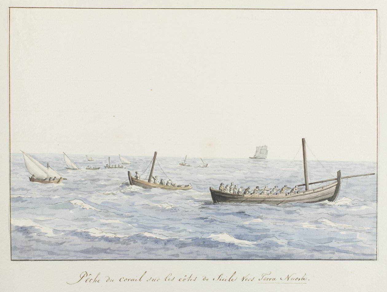 Koraalvissers voor de kust van Sicilië ter hoogte van Terra Nuova Korallin kalastus Sisilian rannikolla kohti Terra Nuovaa (otsikko esineessä) Matkat Italiassa, Sisiliassa ja Maltassa - 1778 (sarjan nimi) tekijältä Louis Ducros