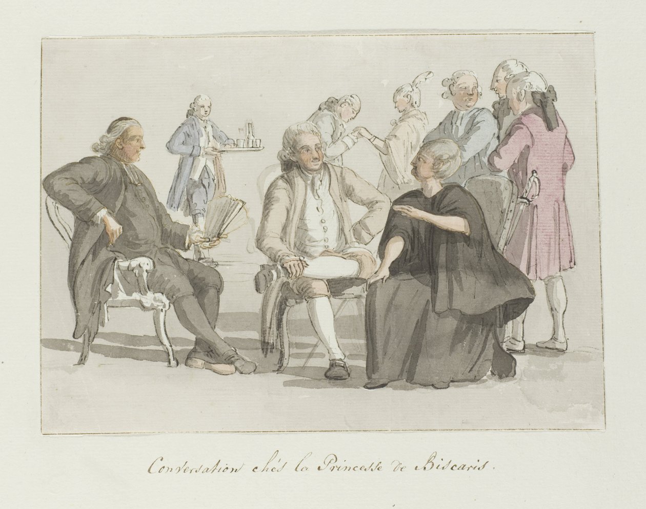 Kiertueryhmän jäsenet keskustelevat Biscarisin prinsessan kanssa Conversation chés la Princesse de Biscaris (otsikko esineessä) Voyage en Italy, en Sicile et à Malte - 1778 (sarjan nimi) tekijältä Louis Ducros
