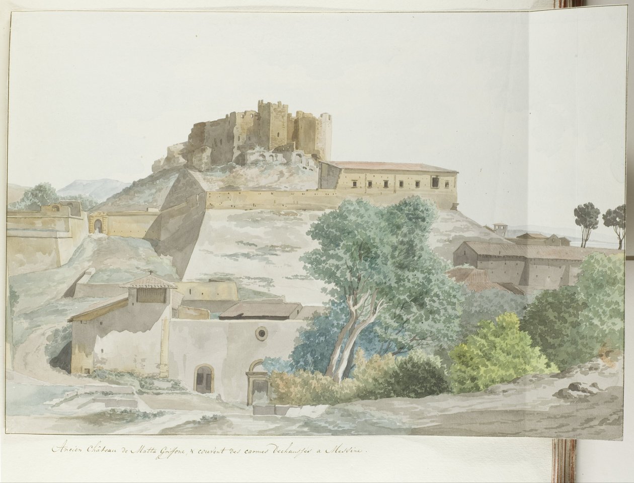 Oude kasteel van Mata en Grifone en het karmelieten klooster, grondvesten van Messina Entinen Matta Griffonen linna ja karmeliittien luostari Messinassa (otsikko esineessä) Matkat Italiassa, Sisiliassa ja Maltassa - 1778 (sarjan nimi) tekijältä Louis Ducros