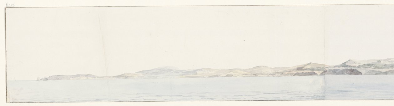 Panorama laittaa Agrigenton in de kust Etäinen näkymä Girgentin kaupunkiin ja rannikolle (otsikko esineessä) Matkat Italiassa, Sisiliassa ja Maltassa - 1778 (sarjan nimi) tekijältä Louis Ducros