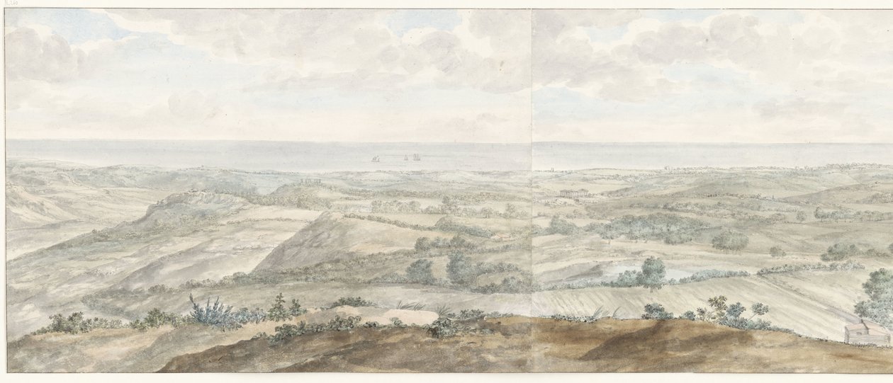 Panorama vanha Collis Minervalis Yleisnäkymä Collis Minervalisin huipulta (otsikko esineessä) Matkat Italiassa, Sisiliassa ja Maltassa - 1778 (sarjan nimi) tekijältä Louis Ducros