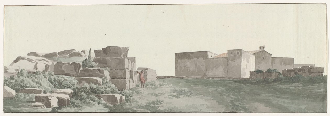 Profiili van de binnenmuren en buitenmuren van de oude stad Manduria Muinaisen Mandurian sisä- ja ulkoseinien profiili (otsikko esineessä) Matkat Italiassa, Sisiliassa ja Maltassa - 1778 (sarjan nimi) tekijältä Louis Ducros