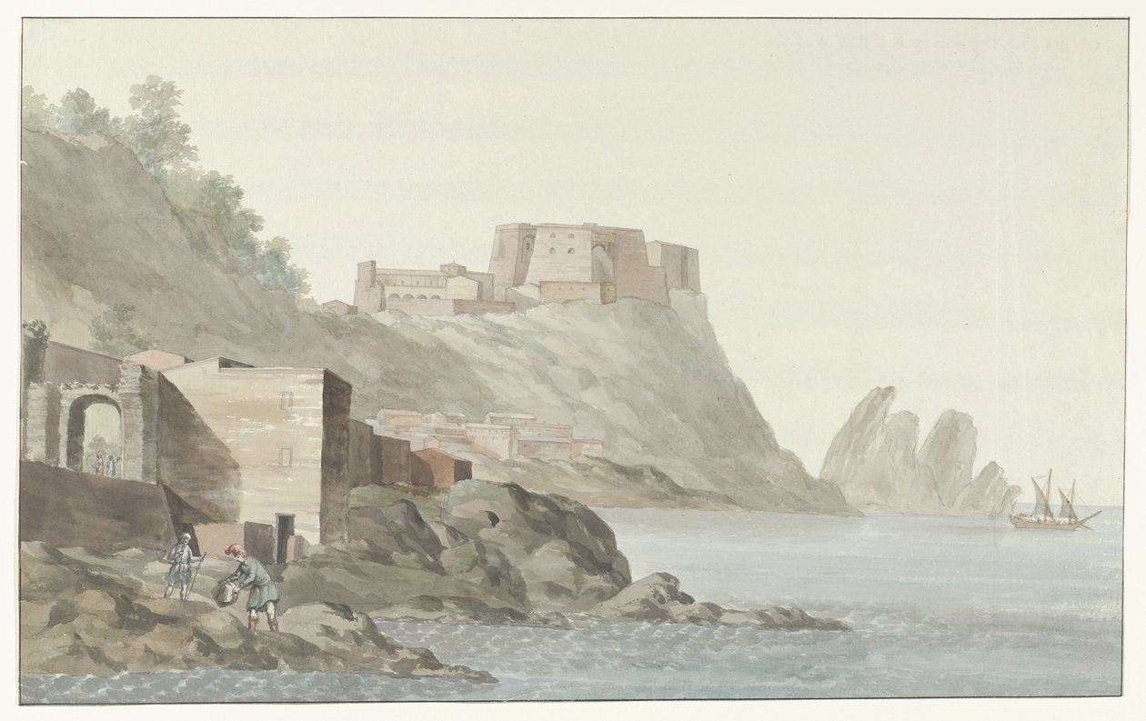 Burps in stad Scilla in de regio Calabrië aan de oostkust Rock & Town of Scilla Calabriassa; itäpuolelta otettu näkymä (otsikko esineessä) Matkat Italiassa, Sisiliassa ja Maltassa - 1778 (sarjan nimi) tekijältä Louis Ducros