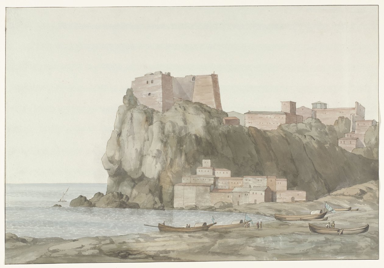 Burps in stad Scilla in de regio Calabrië aan de westkust Rock & Town of Scilla Calabriassa; näkymä auringonlaskun puolelta (otsikko esineessä) Matkat Italiassa, Sisiliassa ja Maltassa - 1778 (sarjan nimi) tekijältä Louis Ducros