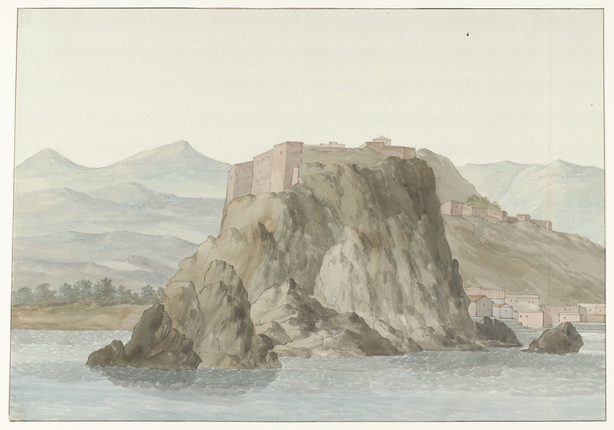 Kallio ja Scillan kaupunki Calabrian alueella mereltä katsottuna pohjoispuolella Rocher & Ville de Scilla ja Calabre; vue-palkinto en mer, du côté du Nord (otsikko esineessä) Voyage en Italy ja Sicile et à Malte - 1778 (sarjan nimi) tekijältä Louis Ducros